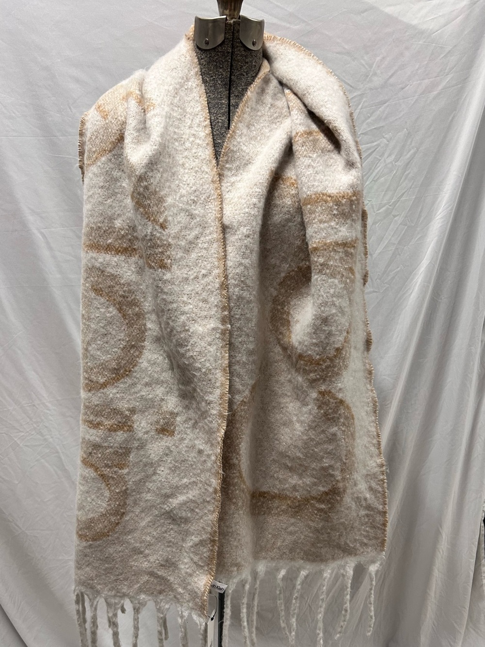 Calvin Klein Oversized Cream and Tan Logo Bouclé Scarf